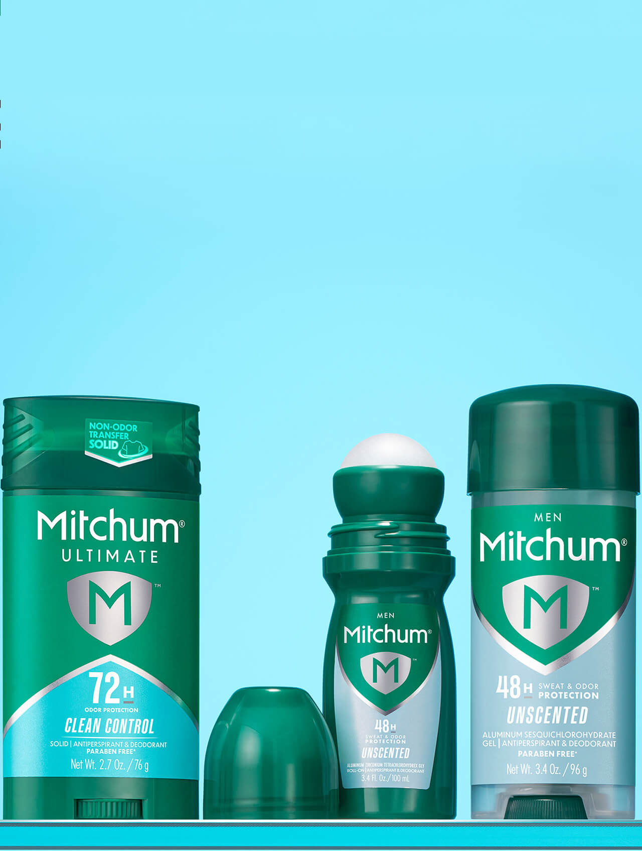 Collection of Mitchum Men's antiperspirant and deodorant products including Clean Control 72 Hour Ultimate Protection and Unscented 48 Hour Sweat & Odor Protection products on a blue background.