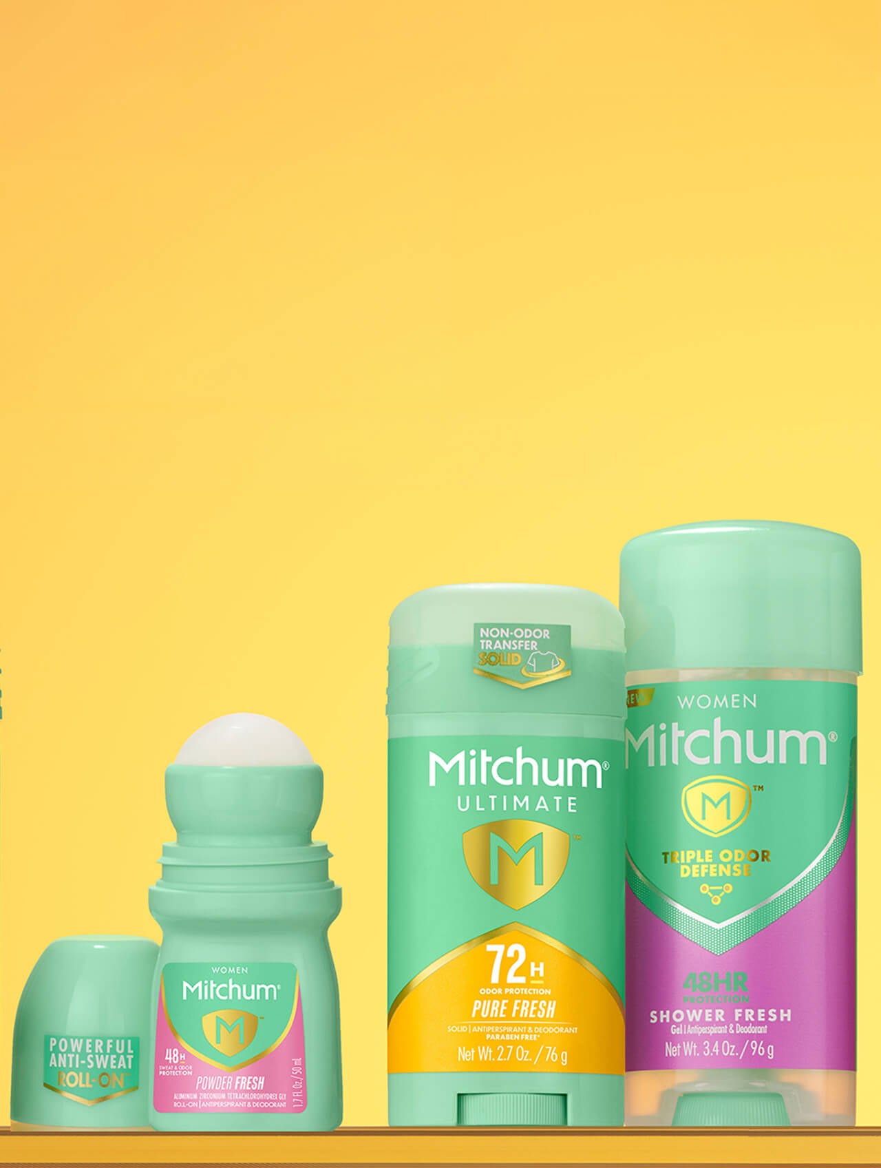 Collection of Mitchum Women's antiperspirant and deodorant products including Pure Fresh 72 Hour Ultimate Protection and Show Fresh 48 Hour Sweat & Odor Protection products on a yellow background.