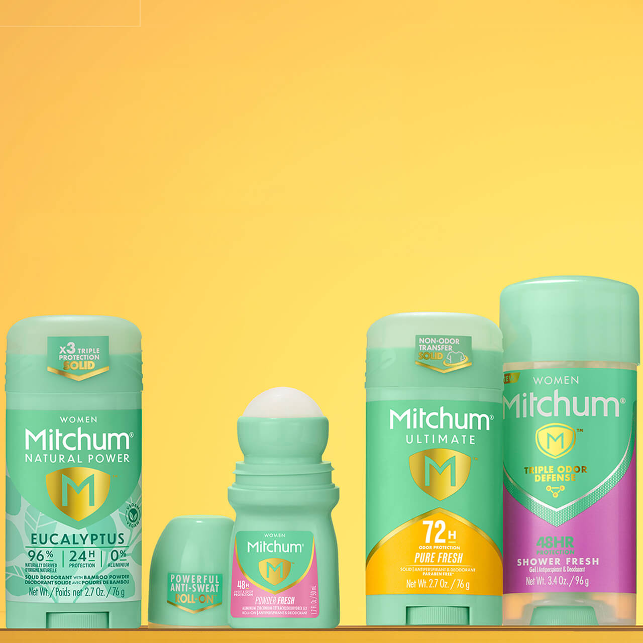 Collection of Mitchum Women's antiperspirant and deodorant products including 72 Hour Ultimate Protection and 48 Hour Sweat & Odor Protection products on a yellow background.