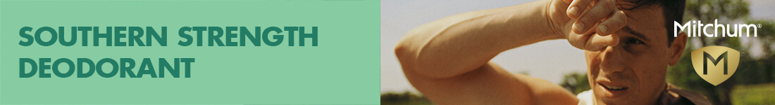 Southern Strength Deodorant by Mitchum Men. Man wipes sweat off forehead during a hot Southern day. 